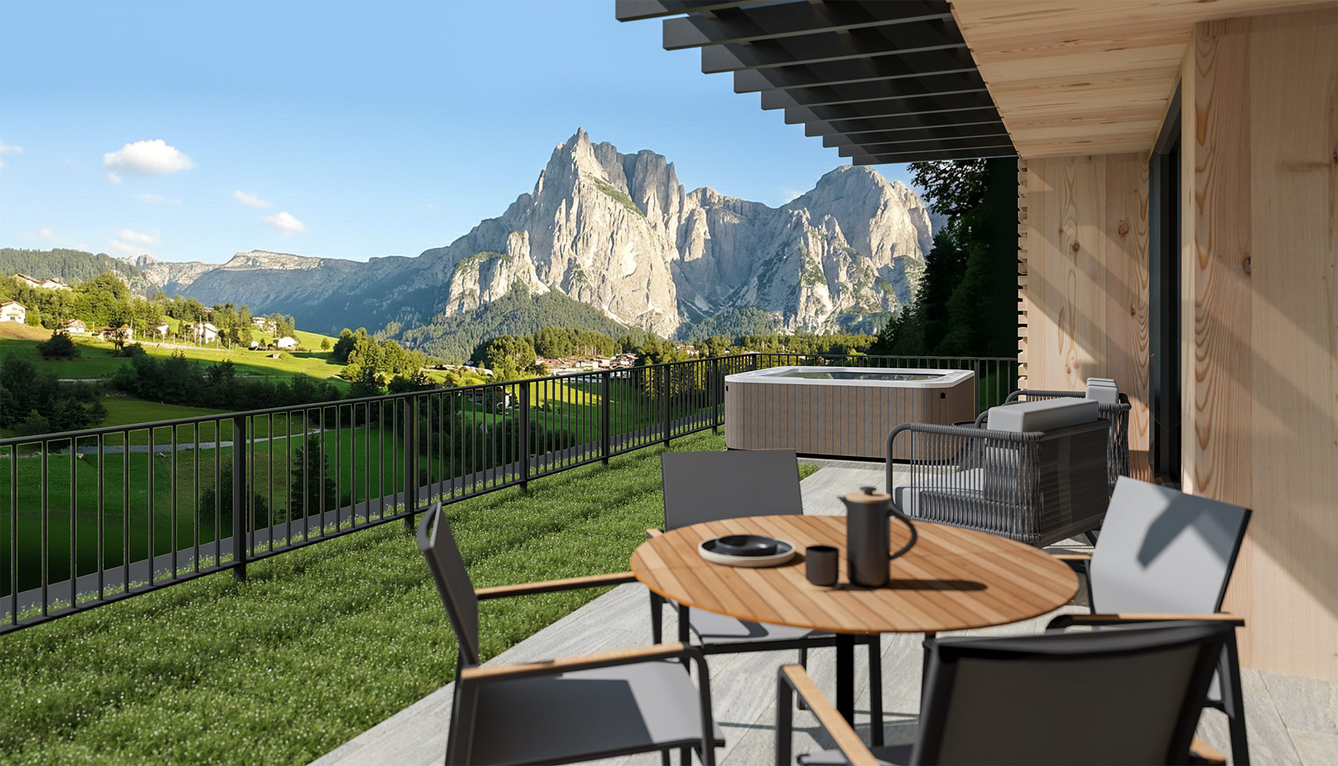 Private Lodge-Terrasse mit Whirlpool und Blick auf den Schlern